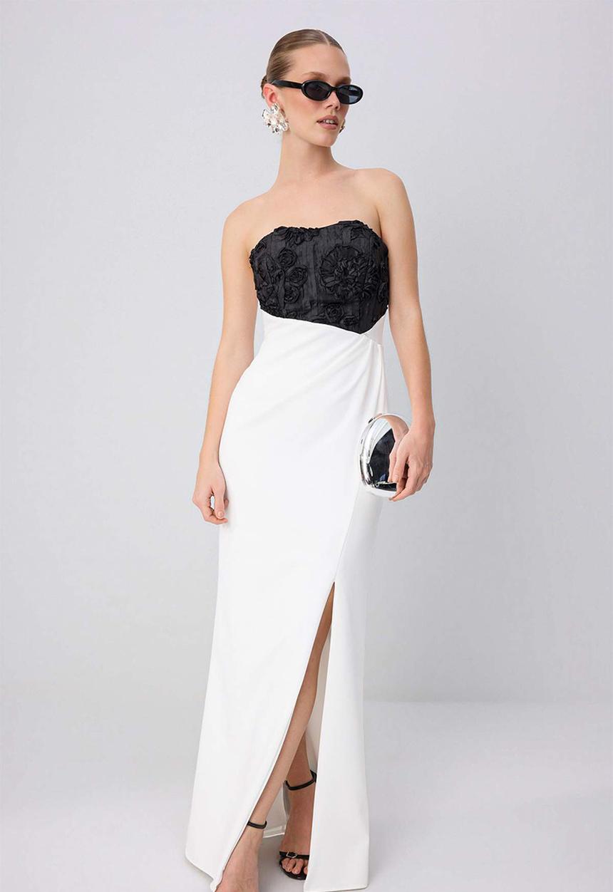 Trendyol - Strapless Straight-Cut Maxi Evening Dress - Black and White