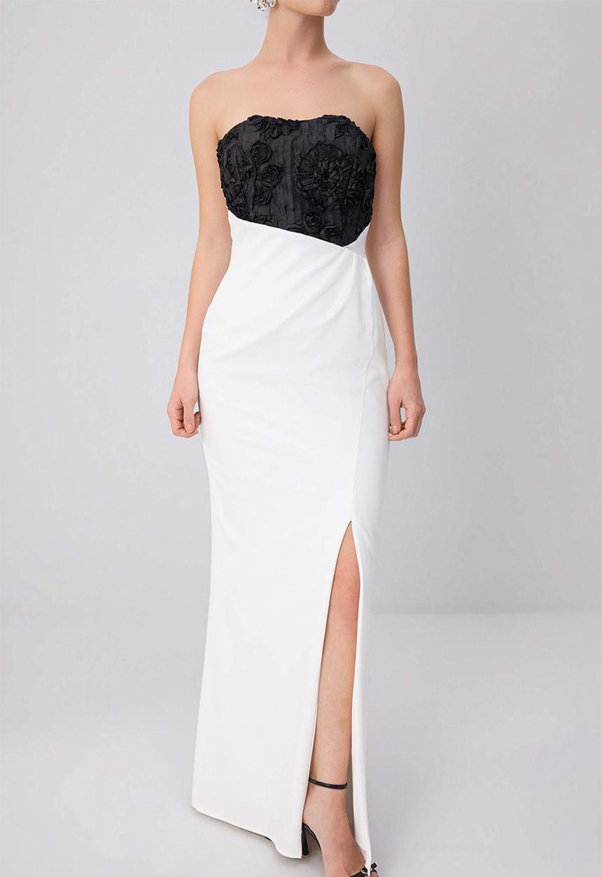 Trendyol - Strapless Straight-Cut Maxi Evening Dress - Black and White