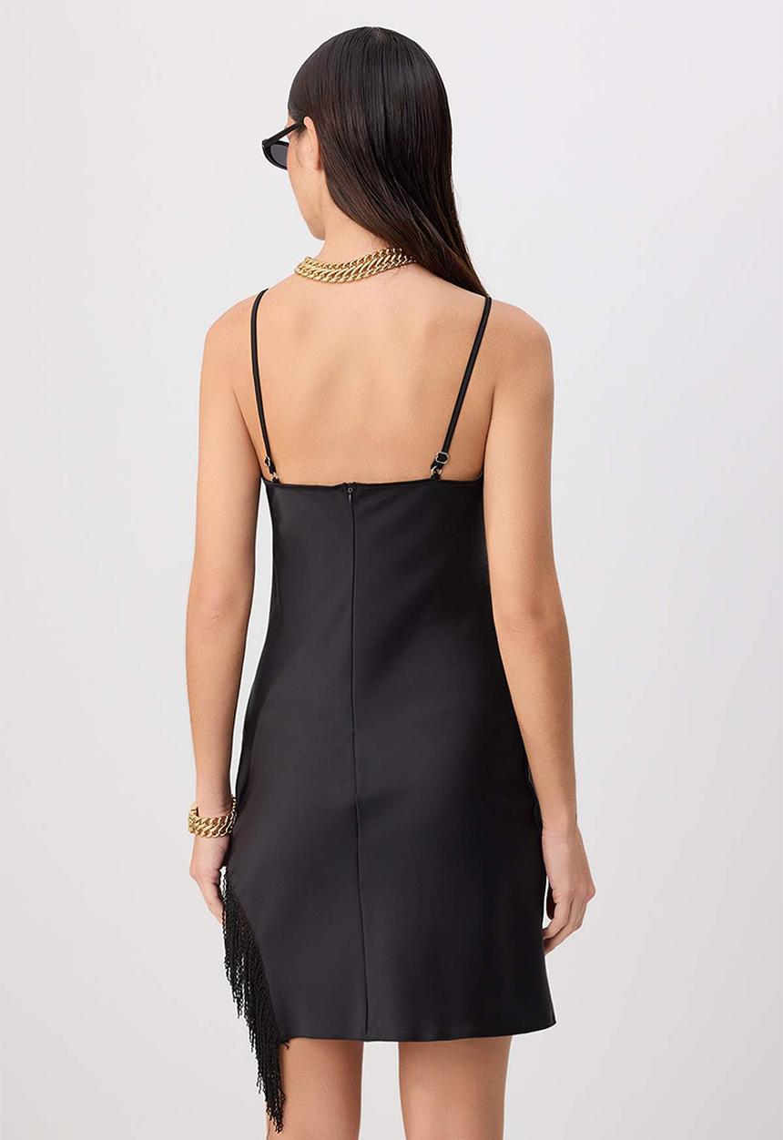 Trendyol - Tassel Detail Satin Mini Evening Dress - Black