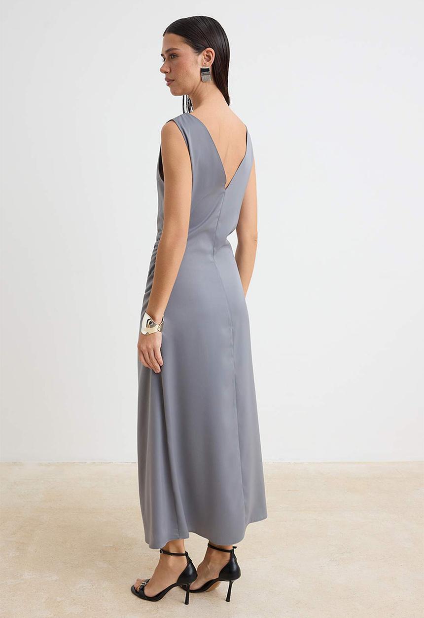 Trendyol - Shirred Detail Satin Maxi Evening Dress - Anthracite