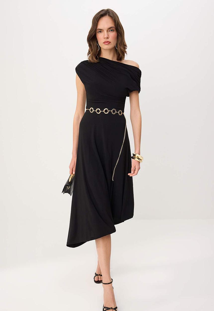 Trendyol - Off-Shoulder Party Dress with Chain Belt - Black