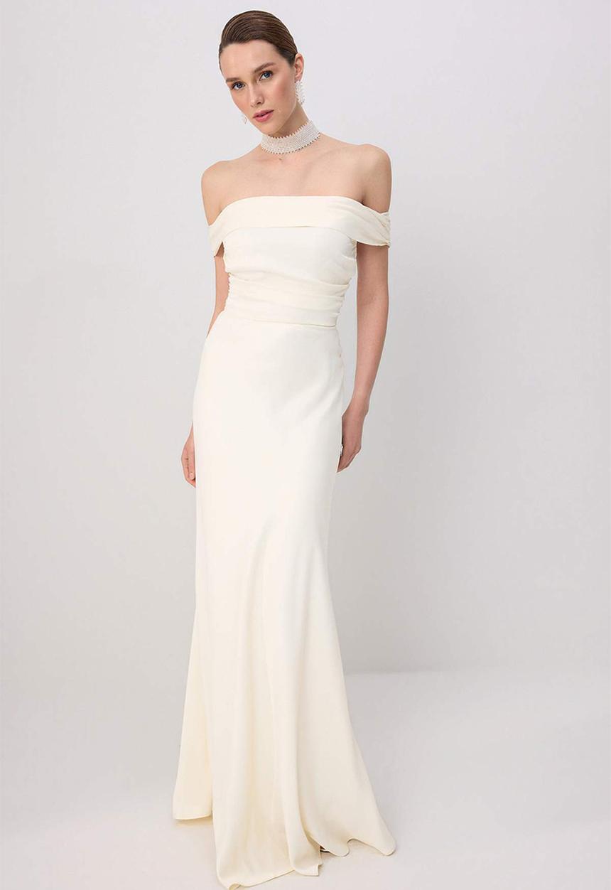 Trendyol - Draped Satin Maxi Evening Dress - Ecru