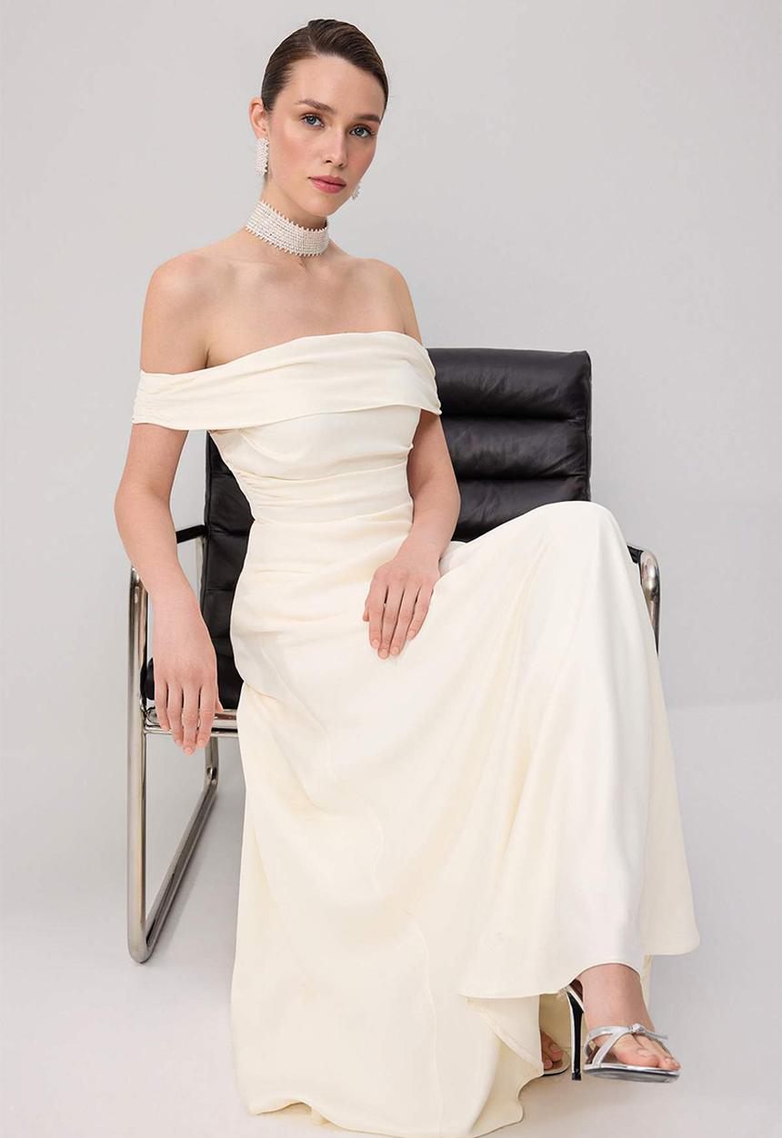 Trendyol - Draped Satin Maxi Evening Dress - Ecru
