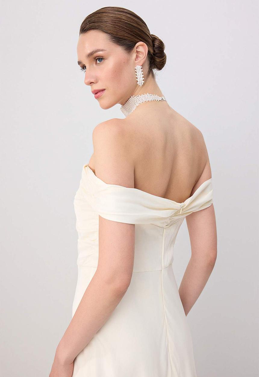 Trendyol - Draped Satin Maxi Evening Dress - Ecru