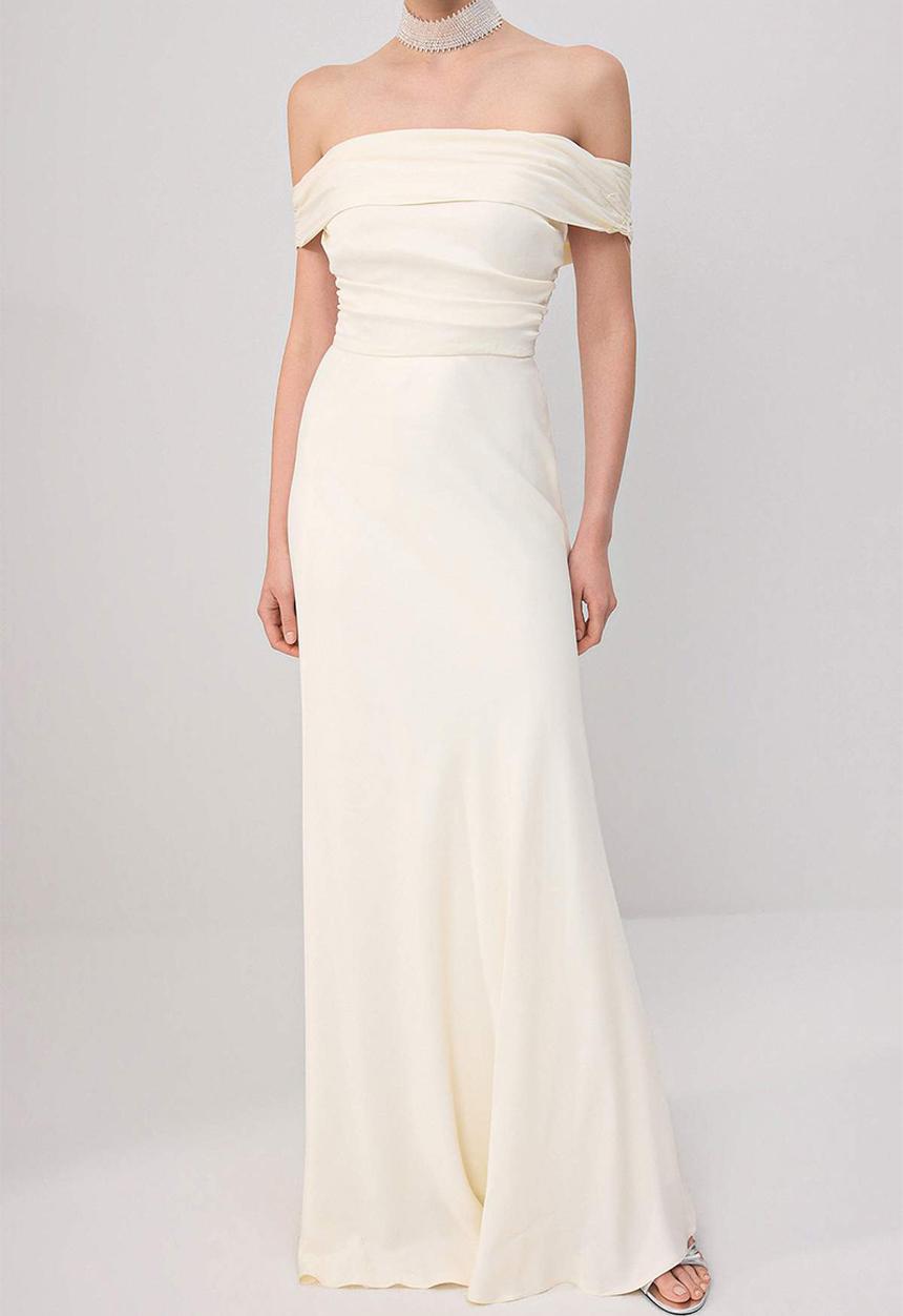 Trendyol - Draped Satin Maxi Evening Dress - Ecru