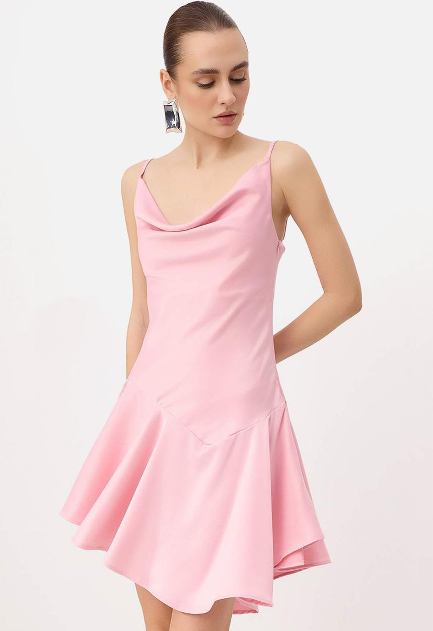Trendyol - Asymmetric Strap Mini Satin Dress - Fuchsia