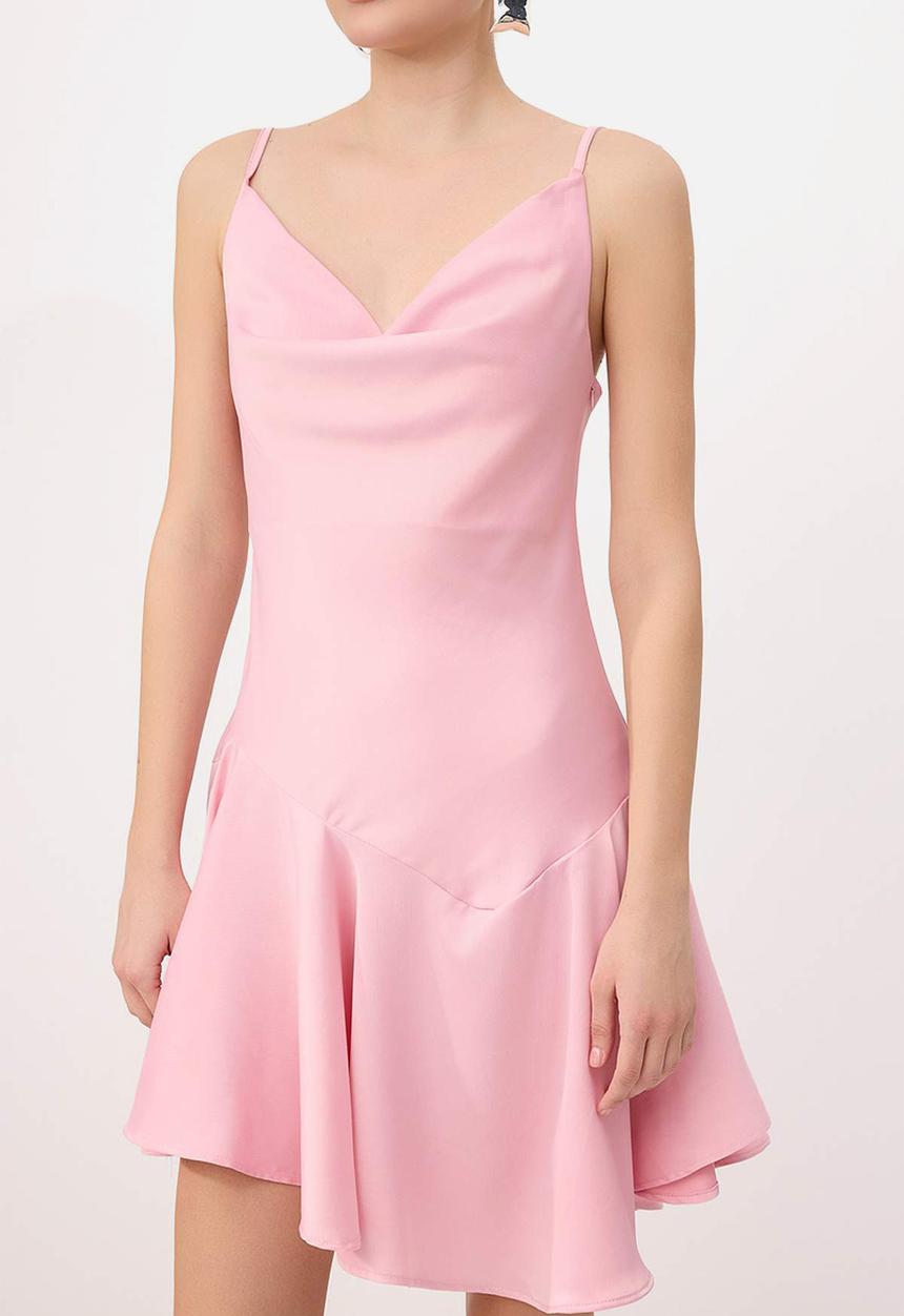 Trendyol - Asymmetric Strap Mini Satin Dress - Fuchsia