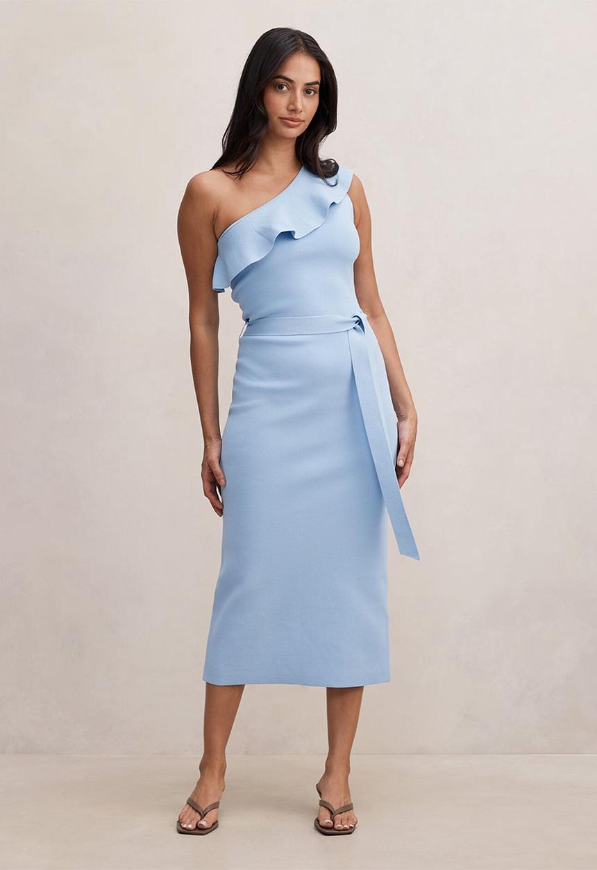 Forever New - Charlize asymmetric frill midi dress in soft blue