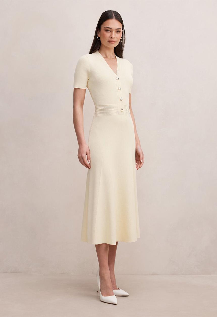 Forever New - Niki v-neck stitch knit dress in lemon yellow