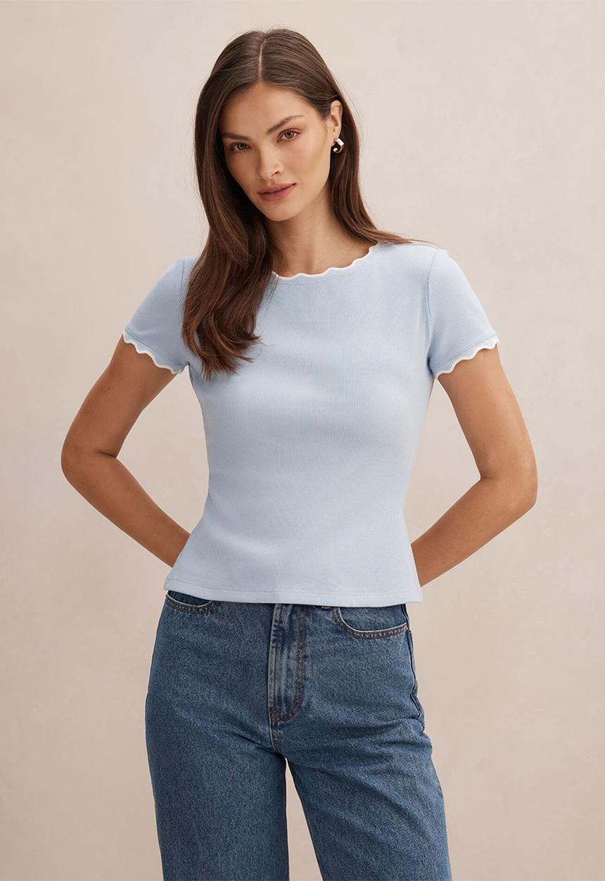Forever New - Rebecca scallop trim t-shirt in cloud blue/porcelain