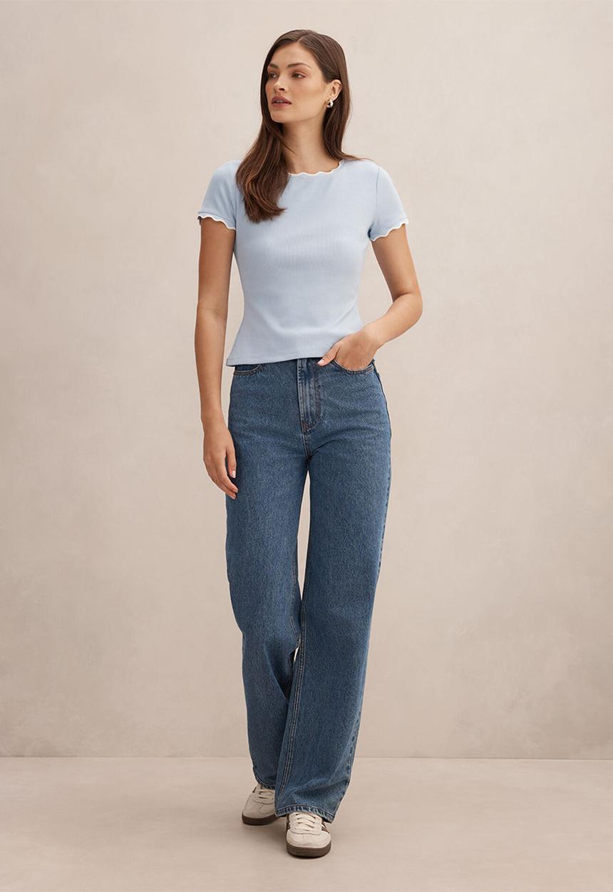 Forever New - Rebecca scallop trim t-shirt in cloud blue/porcelain