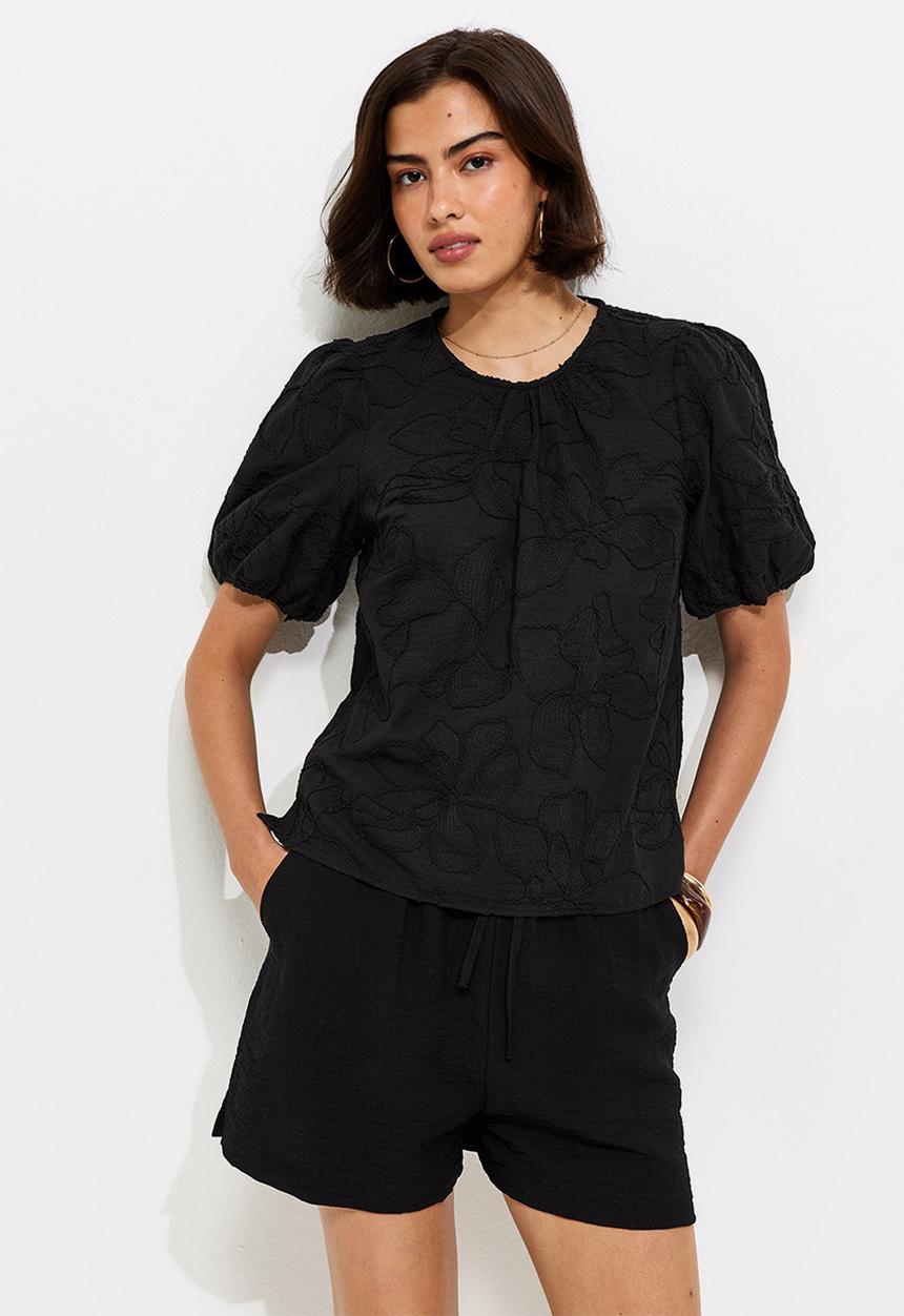 New Look - Tina emb puff sleeve T-shirt - black
