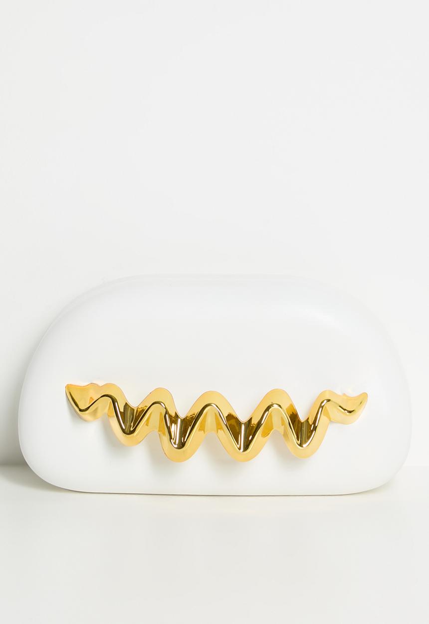 Tessa Design - Zion Hard Shell Clutch With Gold Wave-White