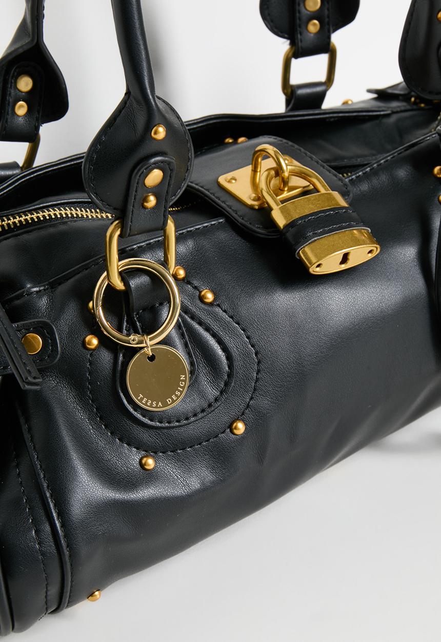 Tessa Design - Zivah Padlock Shoulder Bag With Gold Hardware - Black