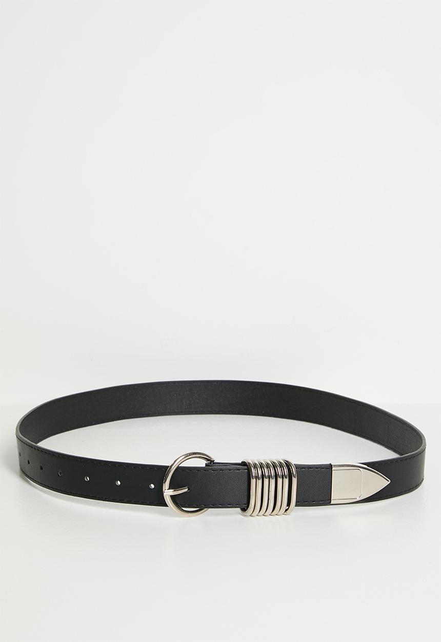 Tessa Design - Lennox Stacked Silver Metal Slim Belt With Round Buckle - Black