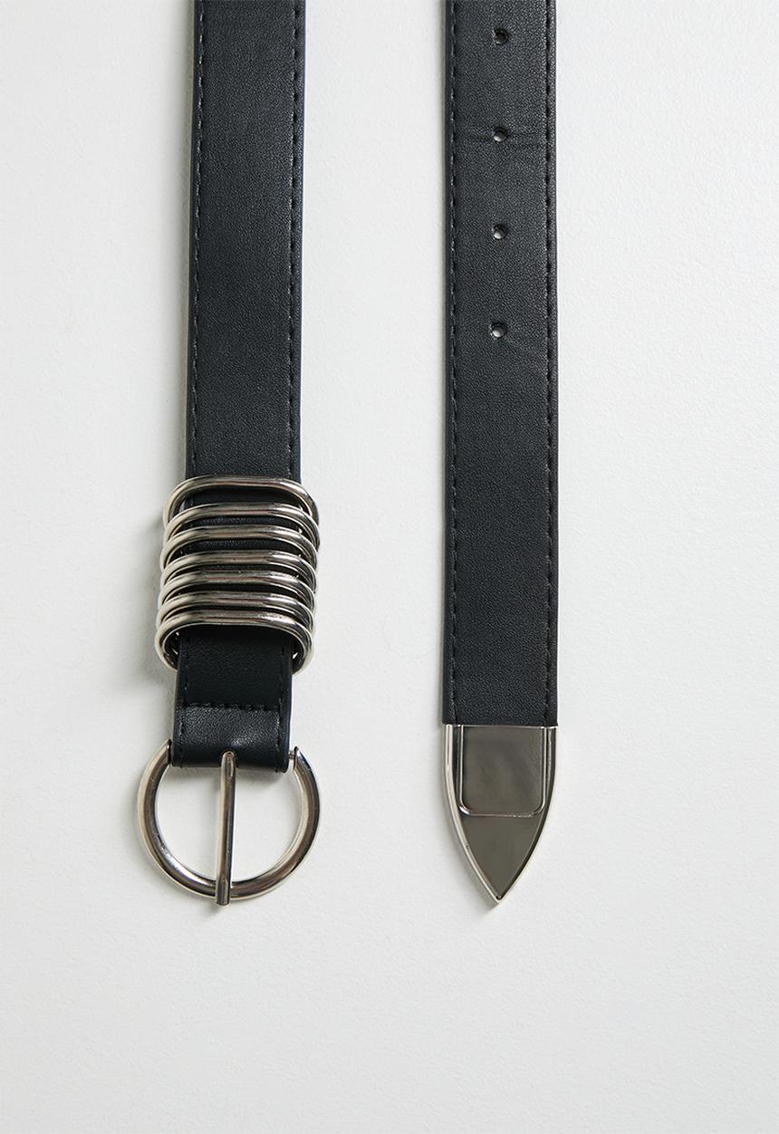 Tessa Design - Lennox Stacked Silver Metal Slim Belt With Round Buckle - Black