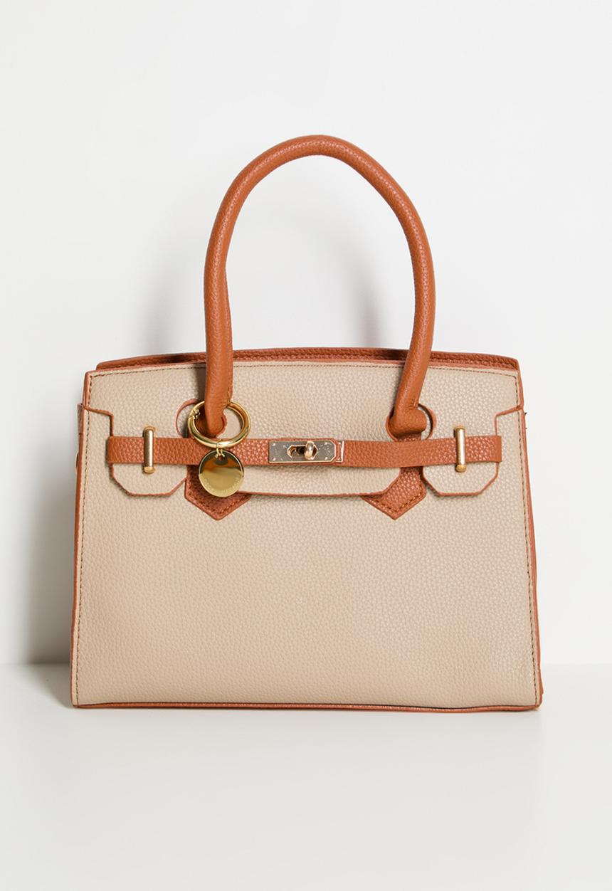 Tessa Design - Teagan Structured Top Handle Bag With Buckle Detail-Cream/Tan