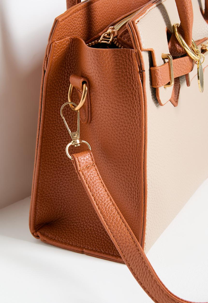 Tessa Design - Teagan Structured Top Handle Bag With Buckle Detail-Cream/Tan