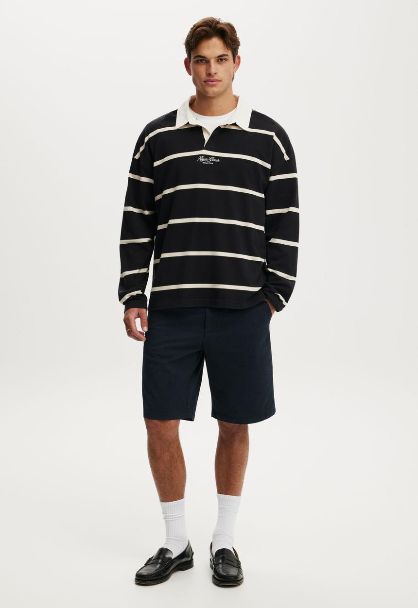 Cotton On - Box Fit Long Sleeve Polo - Black Bold Stripe