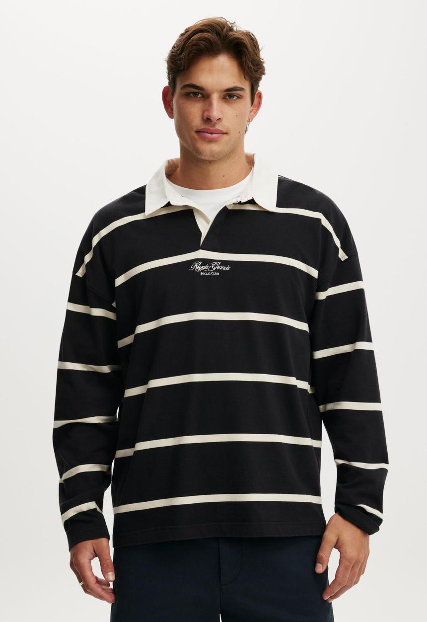 Cotton On - Box Fit Long Sleeve Polo - Black Bold Stripe