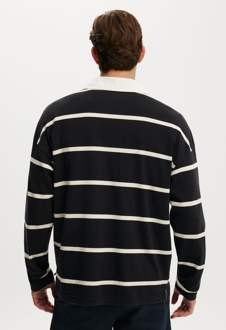 Cotton On - Box Fit Long Sleeve Polo - Black Bold Stripe
