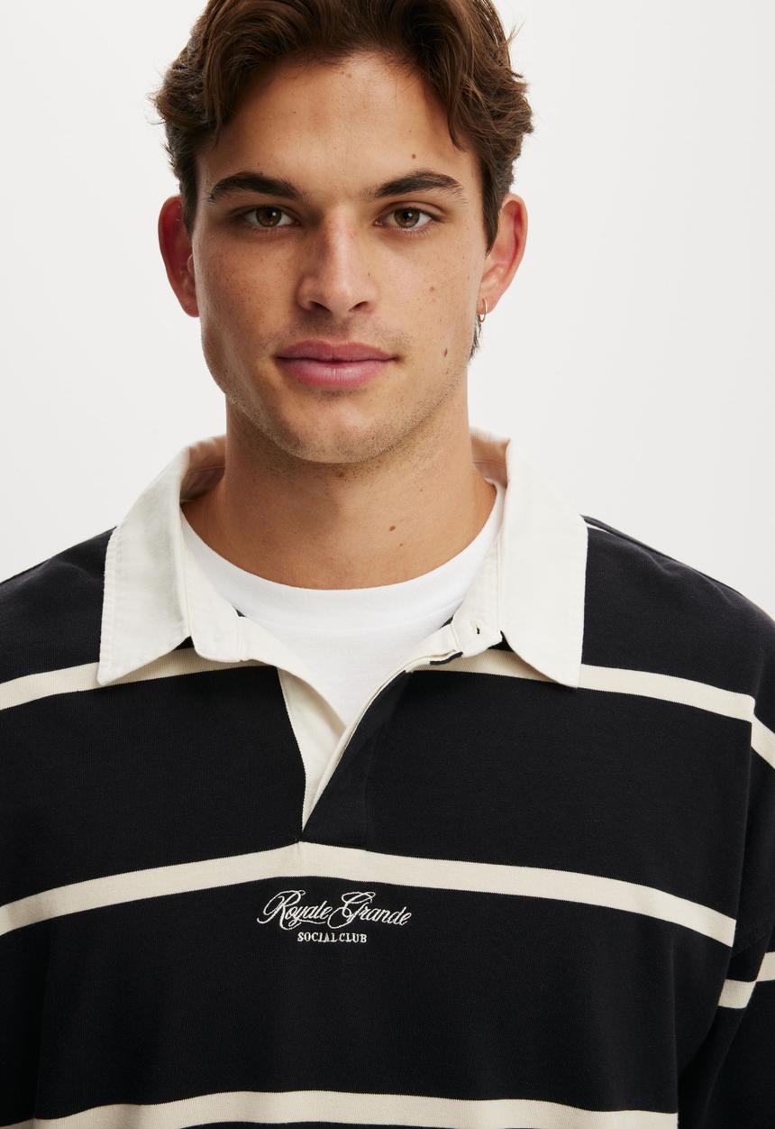 Cotton On - Box Fit Long Sleeve Polo - Black Bold Stripe
