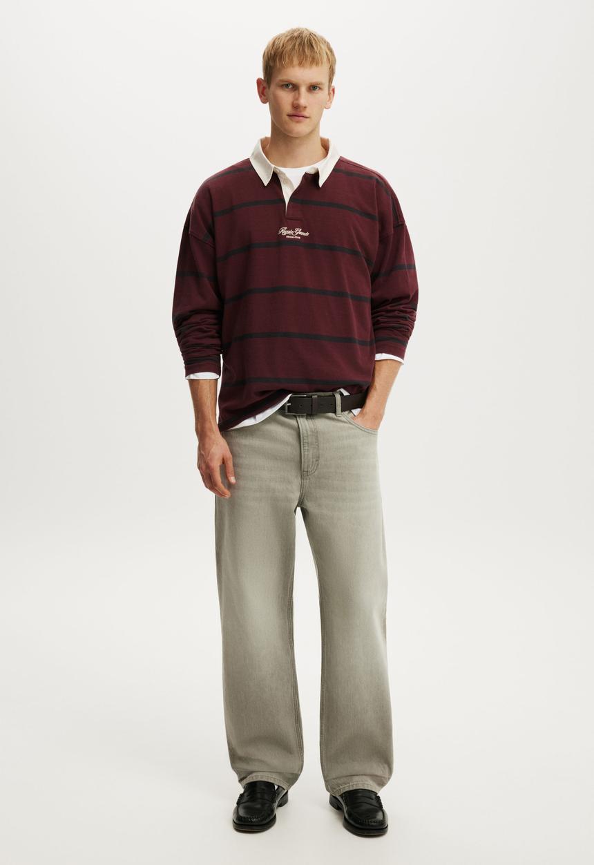 Cotton On - Box Fit Long Sleeve Polo - Crimson Bold Stripe
