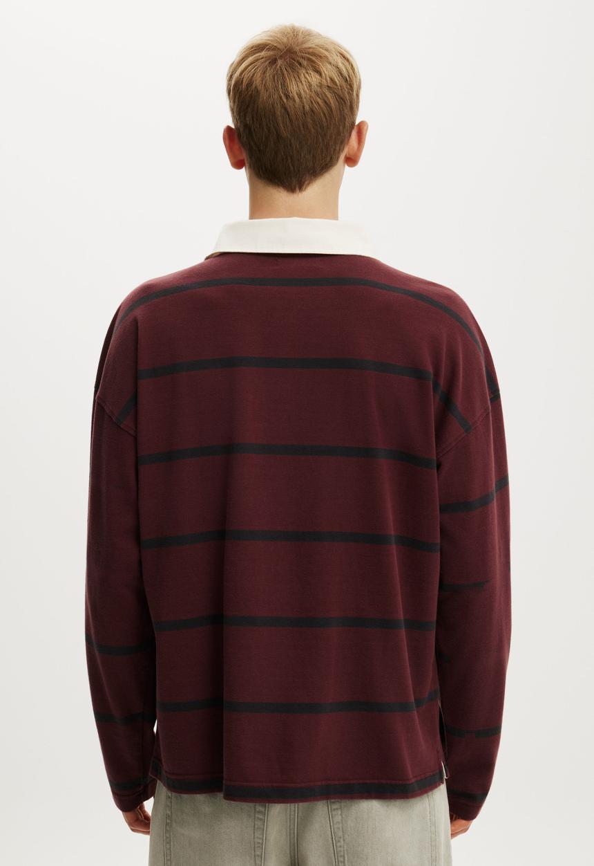 Cotton On - Box Fit Long Sleeve Polo - Crimson Bold Stripe