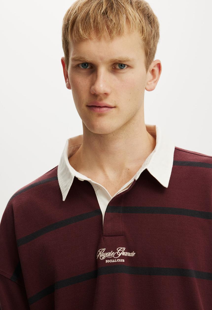 Cotton On - Box Fit Long Sleeve Polo - Crimson Bold Stripe