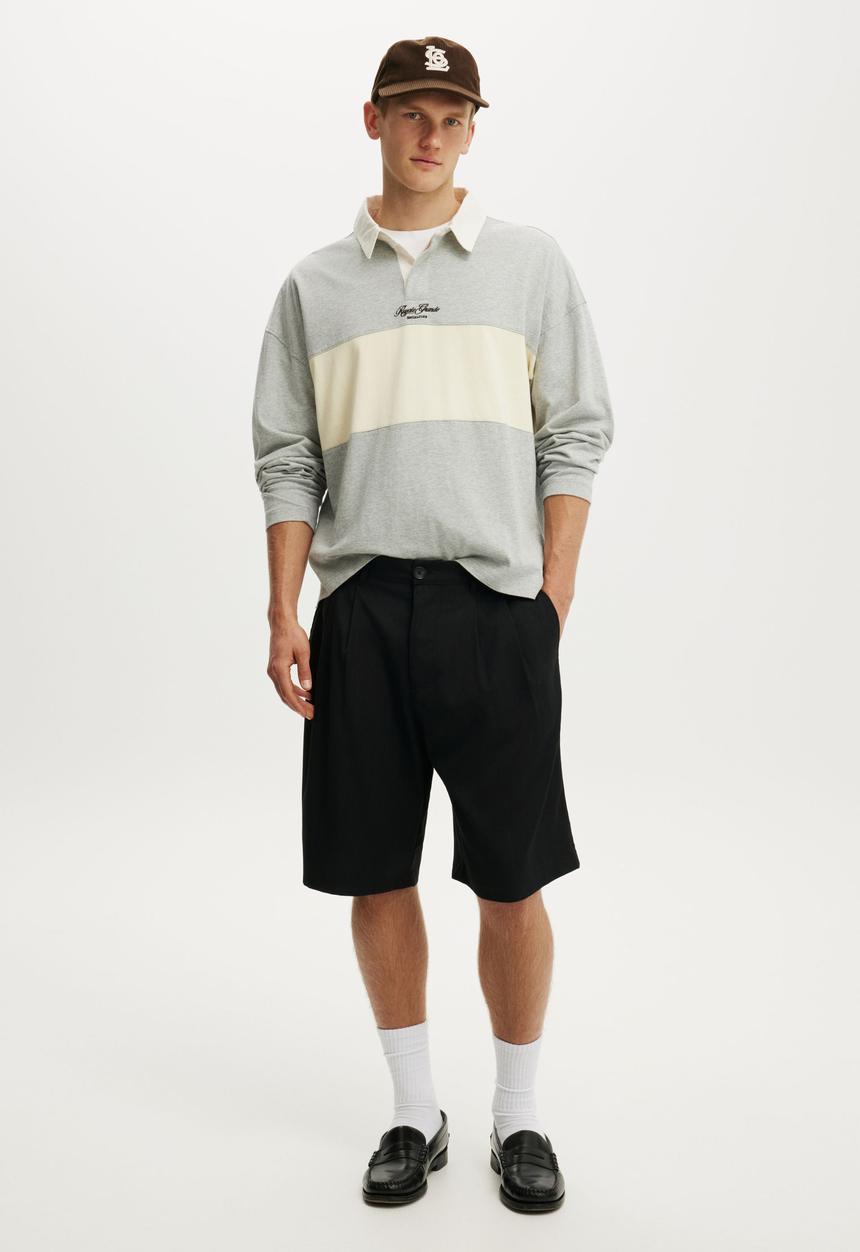 Cotton On - Box Fit Long Sleeve Polo - Grey Marle Panel
