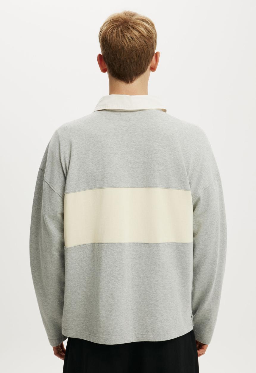 Cotton On - Box Fit Long Sleeve Polo - Grey Marle Panel