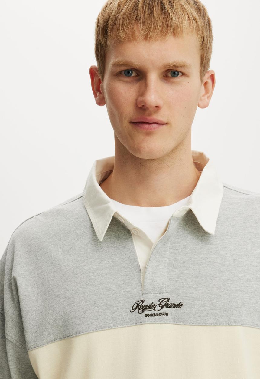 Cotton On - Box Fit Long Sleeve Polo - Grey Marle Panel