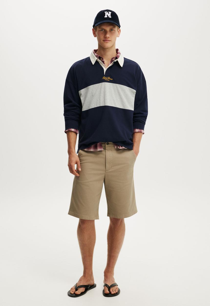 Cotton On - Box Fit Long Sleeve Polo - Blue Panel
