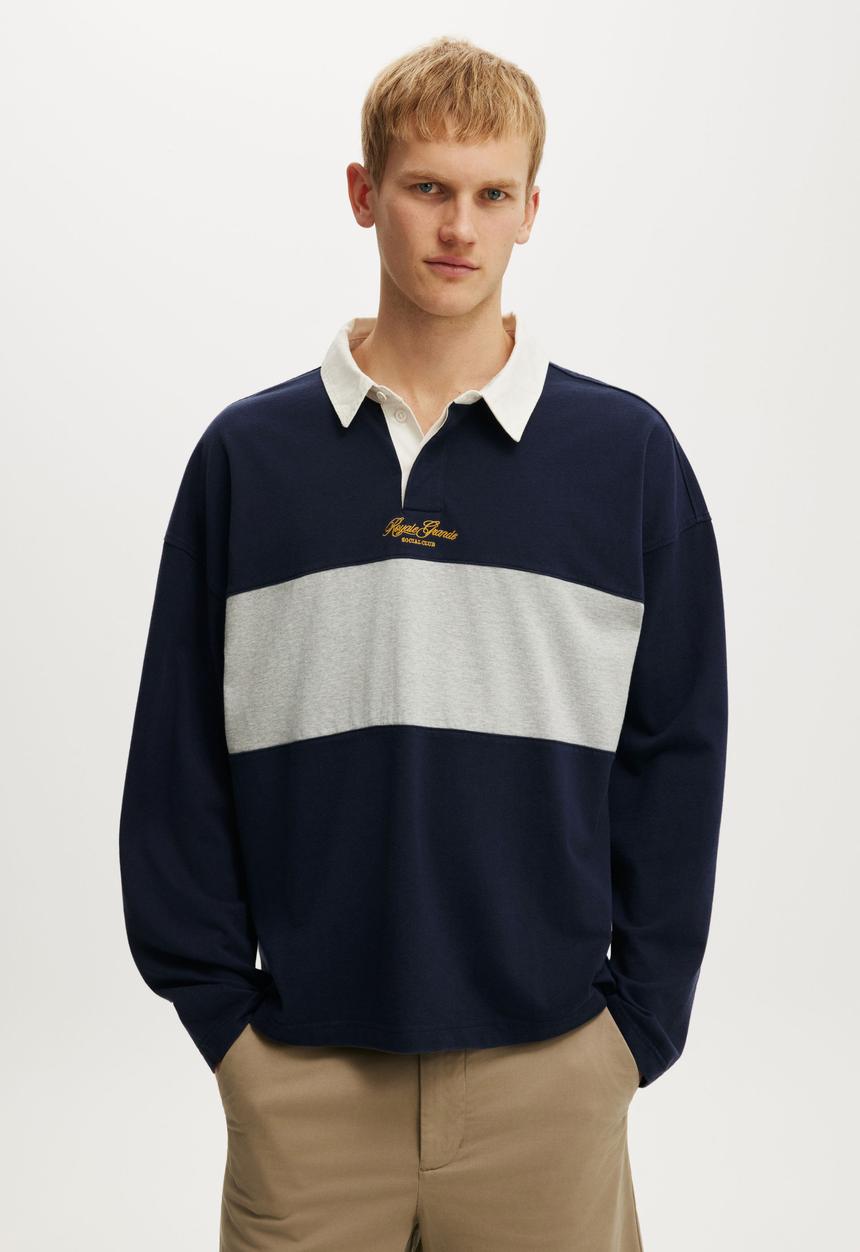 Cotton On - Box Fit Long Sleeve Polo - Blue Panel