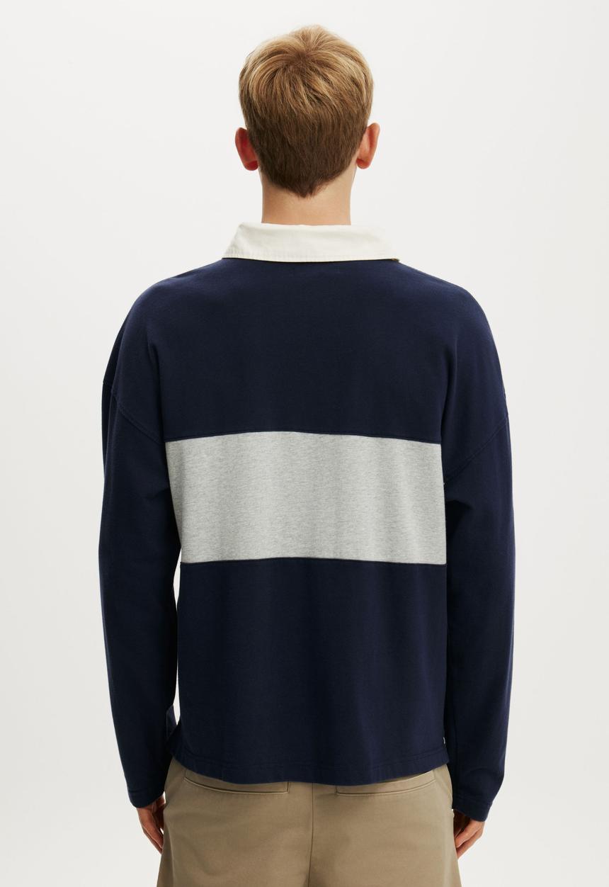 Cotton On - Box Fit Long Sleeve Polo - Blue Panel