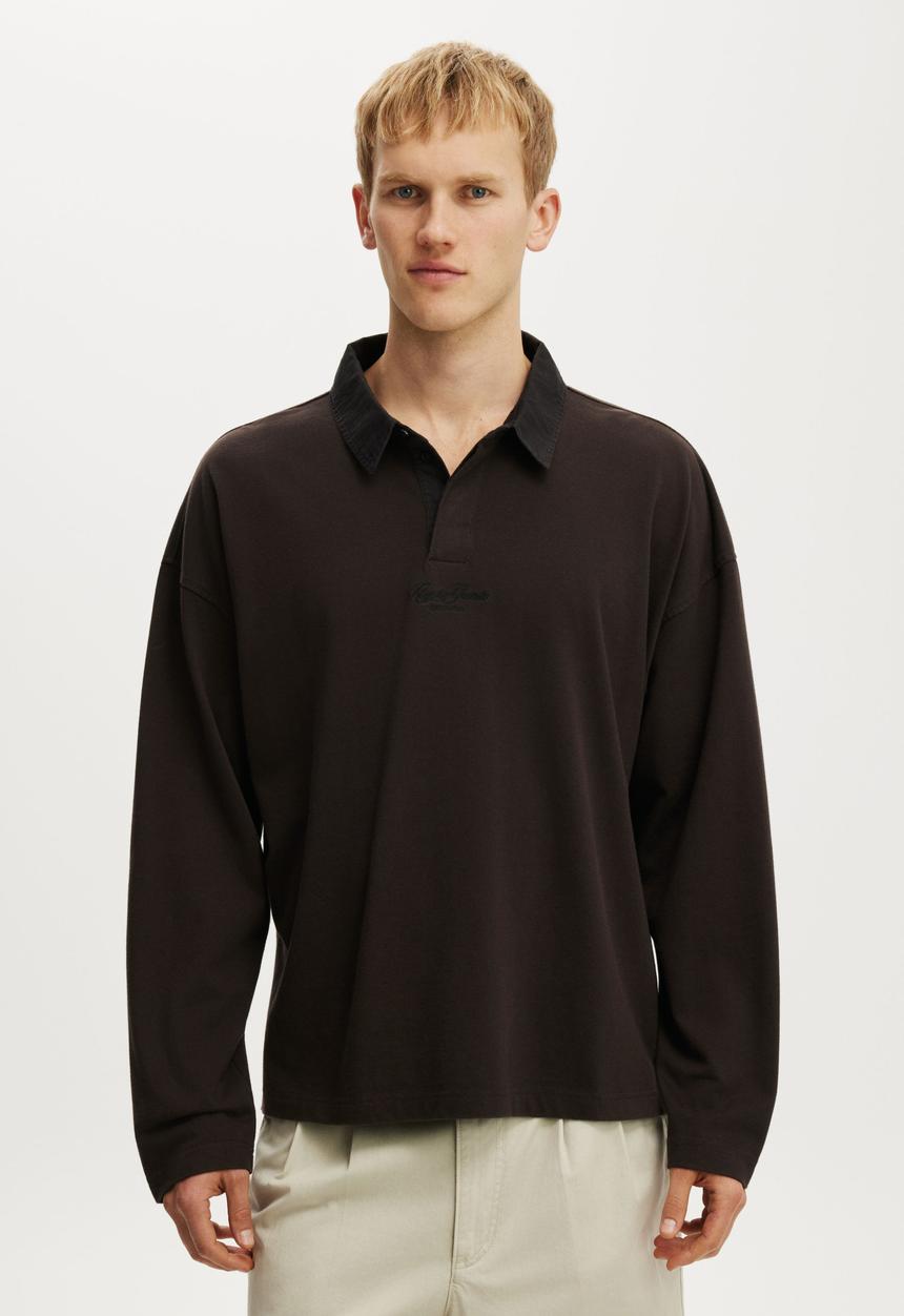 Cotton On - Box Fit Long Sleeve Polo - Espresso
