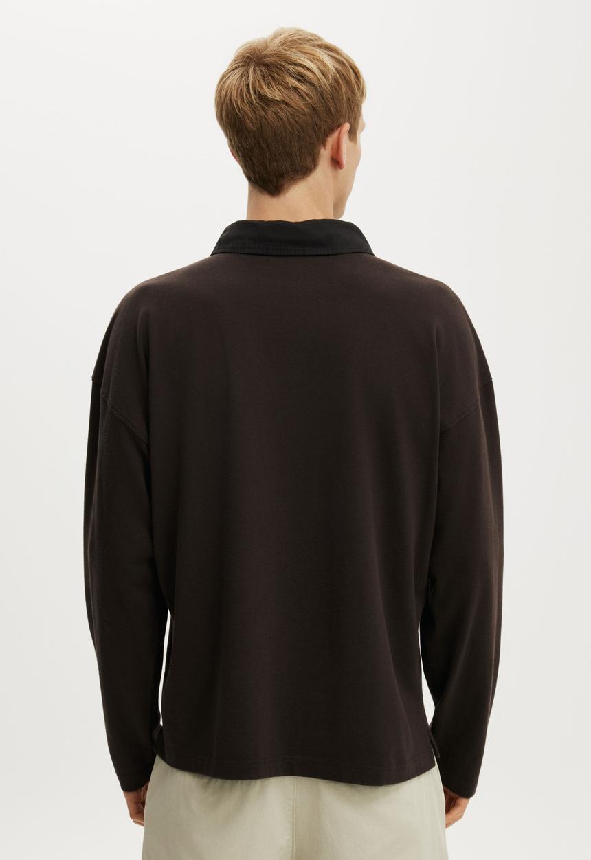 Cotton On - Box Fit Long Sleeve Polo - Espresso