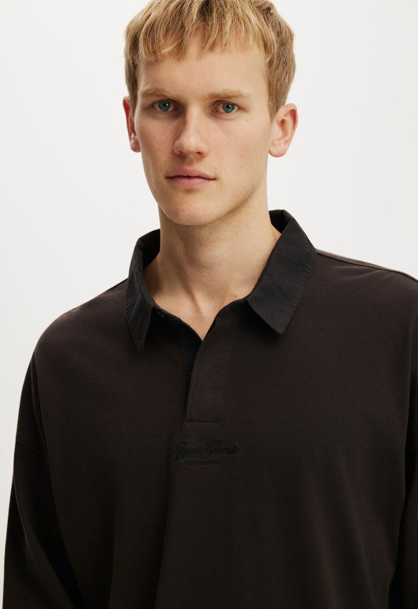 Cotton On - Box Fit Long Sleeve Polo - Espresso