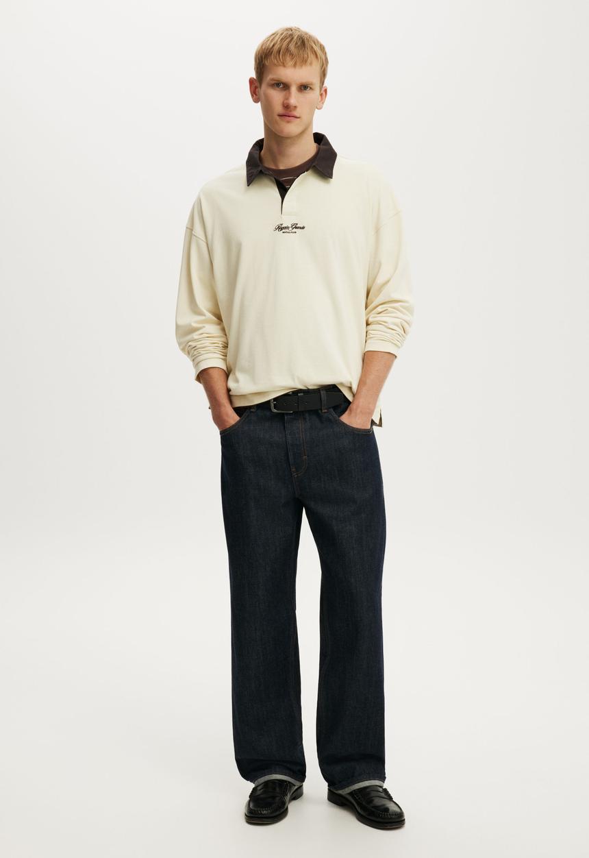 Cotton On - Box Fit Long Sleeve Polo - Cream