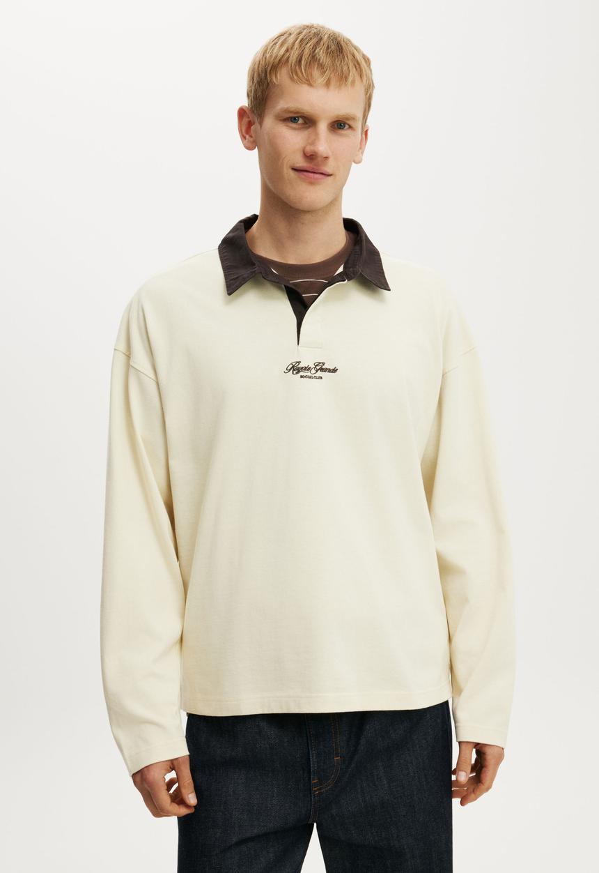 Cotton On - Box Fit Long Sleeve Polo - Cream