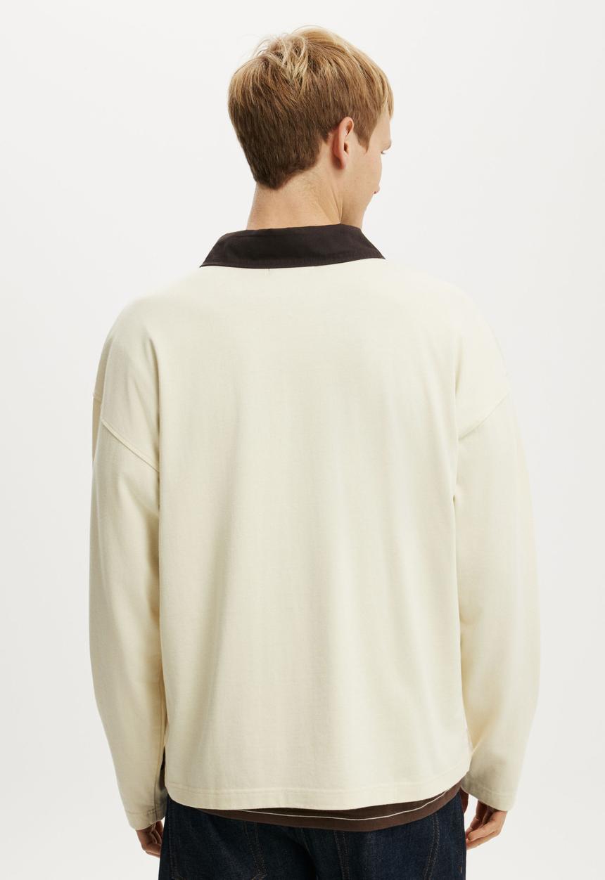 Cotton On - Box Fit Long Sleeve Polo - Cream