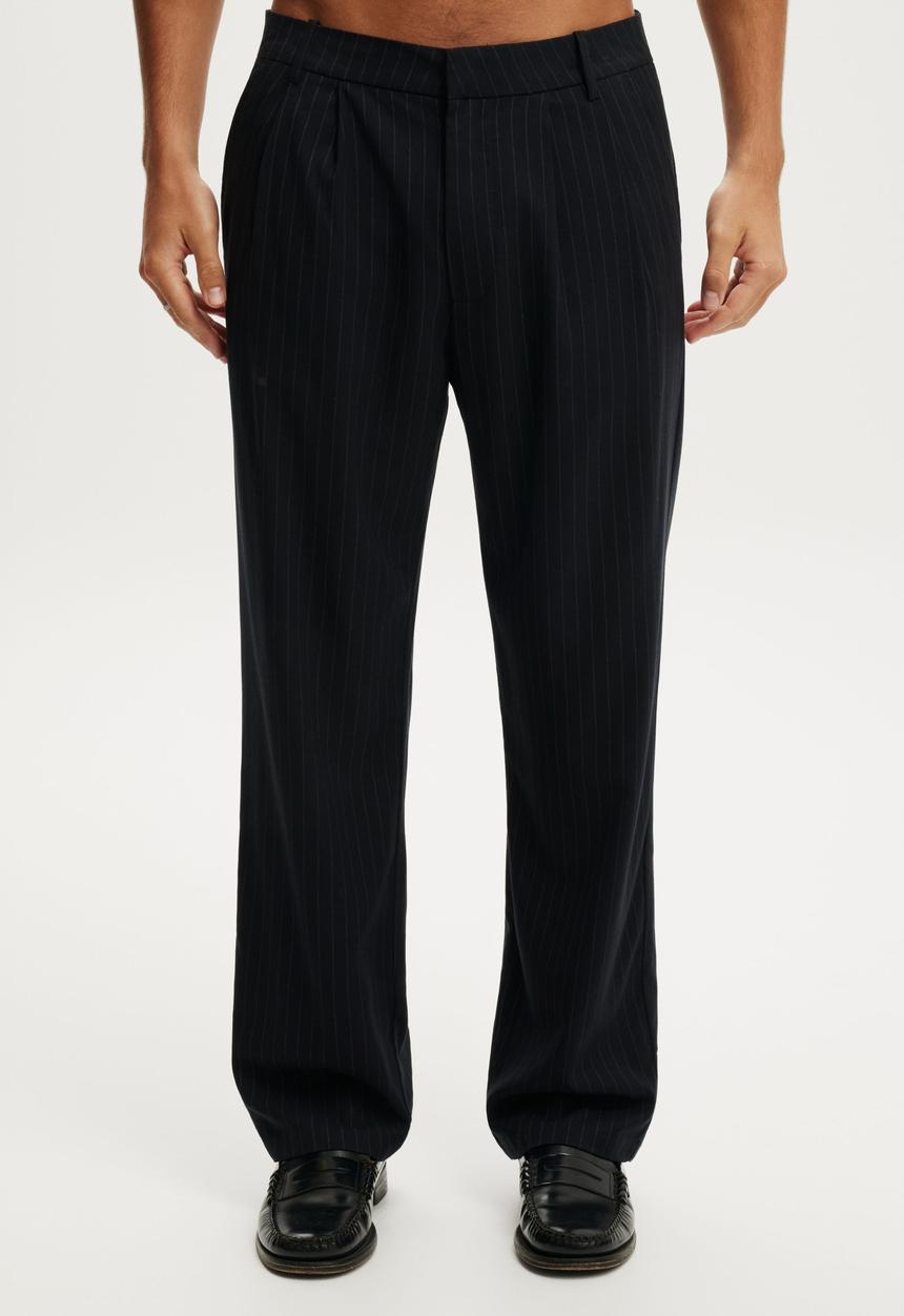 Cotton On - Baggy Pleated Pant - Dark Navy Pinstripe