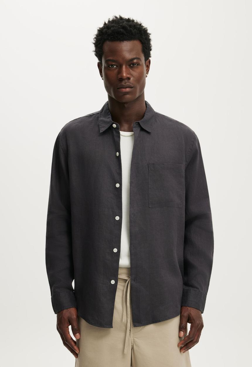 Cotton On - Relaxed Linen Long Sleeve Shirt - Charcoal