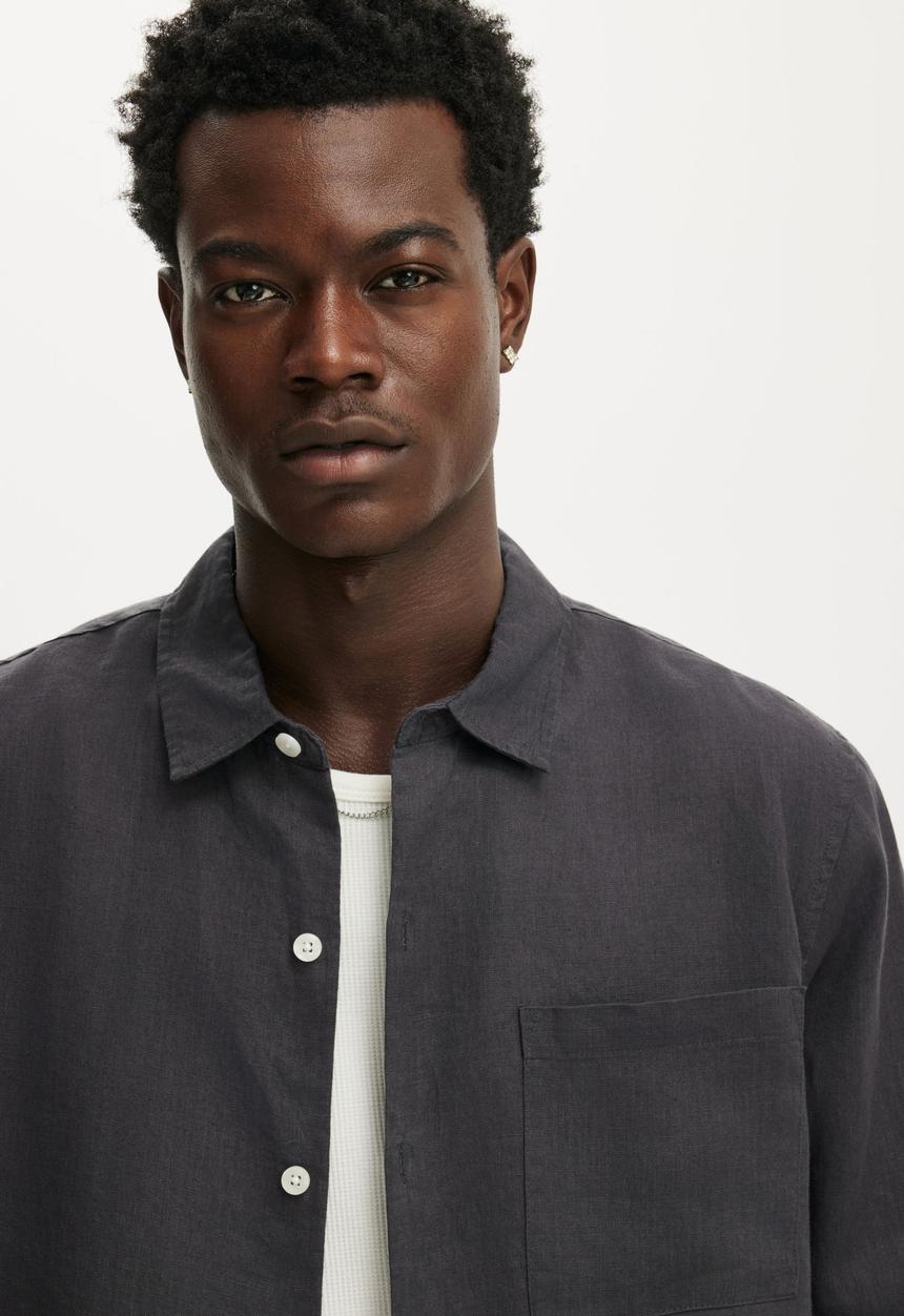 Cotton On - Relaxed Linen Long Sleeve Shirt - Charcoal