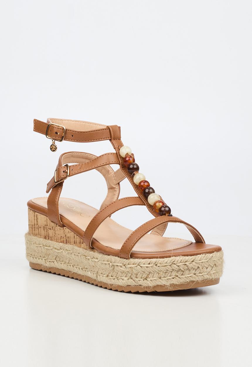 Miss Black - Steffi 11 beaded multi-strap wedge - tan