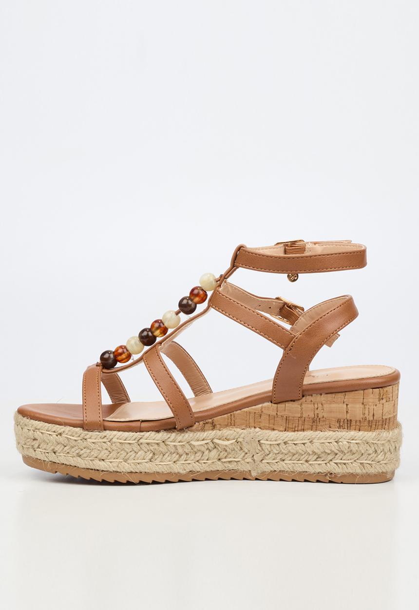 Miss Black - Steffi 11 beaded multi-strap wedge - tan