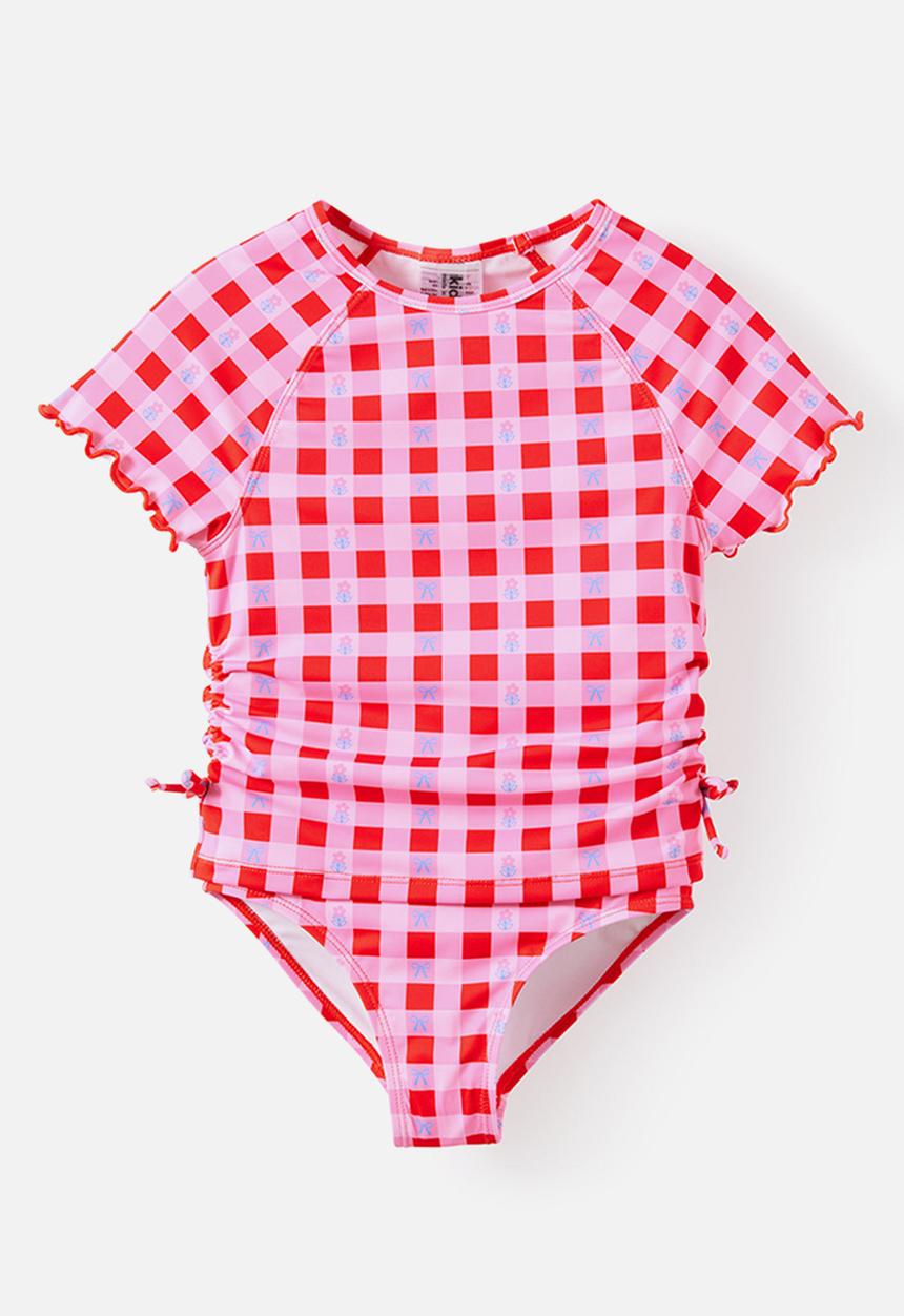Cotton On - Florence S/S Rashie And Bikini Bottom Set - Pop Red/Floral Gingham