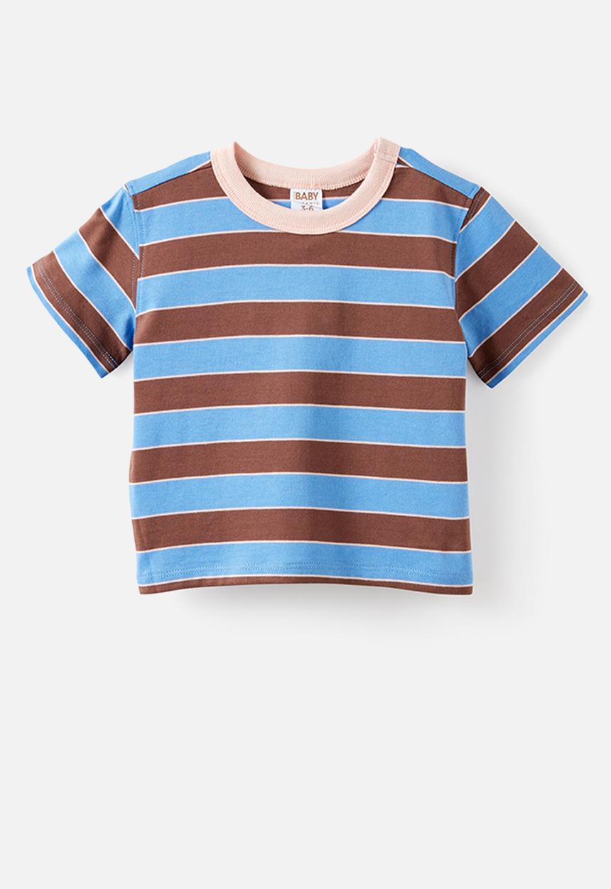Cotton On - Baby Essential Short Sleeve Graphic Tee - Blue Bonnet/Light Brown Stripe