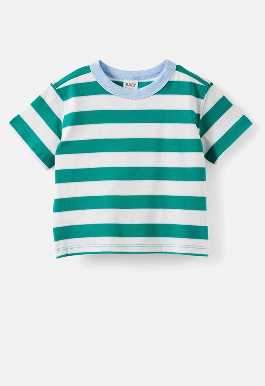 Cotton On - Baby Essential Short Sleeve Graphic Tee - Vanilla/English Ivy Stripe