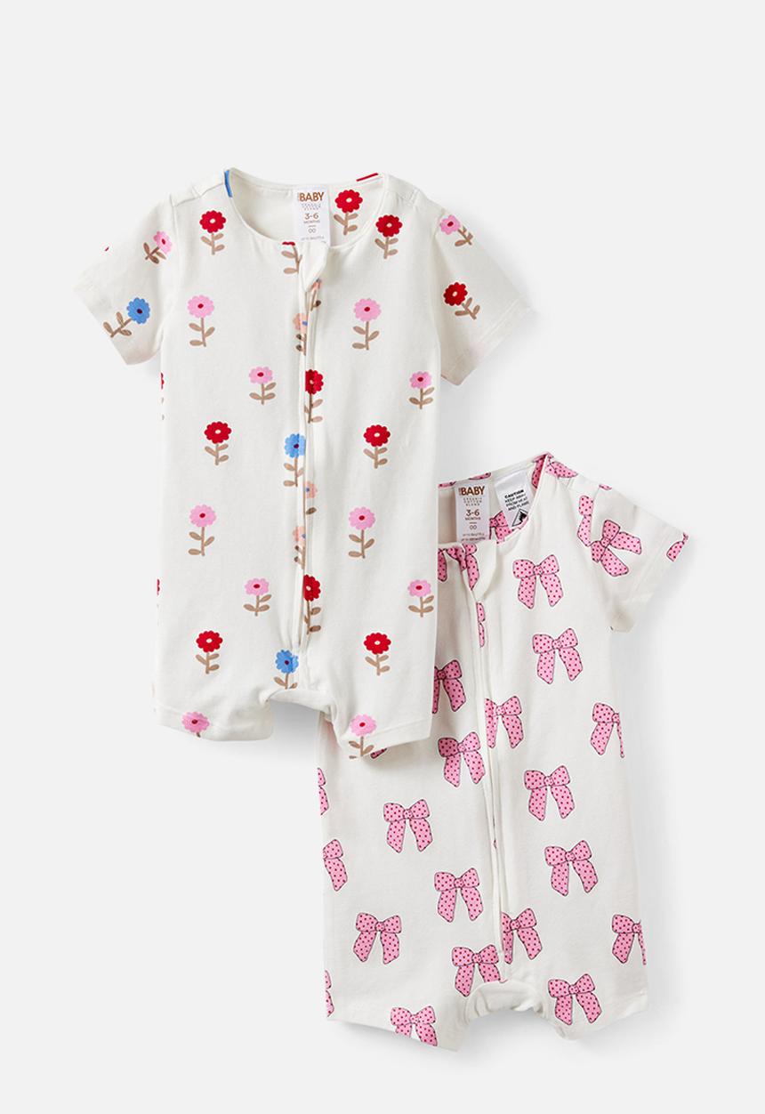 Cotton On - 2 Pack Growie Short Sleeve Zip Romper - Vanilla/Pretty Bows & Vanilla/Sweet Blooms